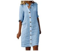 Generisch 2025 - Vestido camisero de verano para mujer, falda midi de manga 1/2, con solapa, vestido de algodón informal, vestido maxi para mujer, verano 48, azul, S