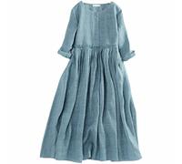 Generisch 2025 - Vestido de Mujer Lino Primavera Verano Cuello Redondo Plisado Cuerda de Tirar Mangas de Siete Puntos para Mostrar Vestido Largo Delgado Suelto Vestido de Invitado de Boda Mujer Hasta