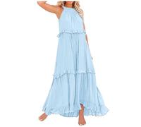 Generisch 2025 Vestidos largos de verano para mujer 2024 Vestido maxi sin mangas Vestido informal fluido elegante con volantes Vestido Mujer Verano 36, azul celeste, XL