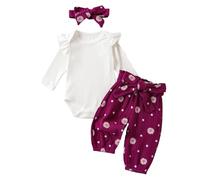 Generisch 2026 Bebé Niñas de Punto Volantes Mono Mono Pantalones Largos Diadema Manga Larga Mameluco Niñas Trajes Conjunto, morado, 12-18 meses