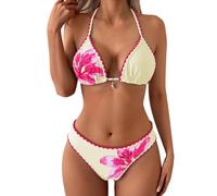Generisch 2026 Bikini Mujer Conjunto Bikini Bandeau Impreso con Parte Superior Triángulo Bragas Atadas Laterales, beige, S