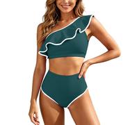 Generisch 2026 Bikini Mujer Conjunto Bikini Top con Encaje de Hombro para Traje de Baño Tankini Fluido con Volantes Frontales, Elegante Moda de Playa para Vacaciones de Verano, Verde oscuro., XL