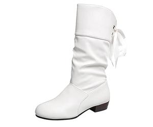 Generisch 2026 Botines Mujer Color Sólido Plisado Pajarita Tacón Grueso Botas Medianas, Blanco, 38 EU