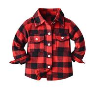 Generisch 2026 Camisa de franela para niños pequeños, chaqueta a cuadros de manga larga con botones, abrillantador, bolsas de bebé, capa superior Outwear, rojo, 2-3 años