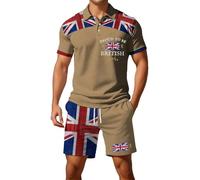 Generisch 2026 Camisa de manga corta con botones de la bandera británica europea, pantalones cortos para hombre, casual, holgado, cómodo, calle, negocios, dos piezas, cilindro occidental, caqui, L
