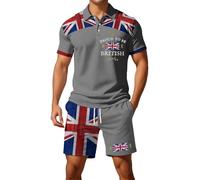Generisch 2026 Camisa de manga corta con botones de la bandera británica europea, pantalones cortos para hombre, casual, holgado, cómodo, calle, negocios, dos piezas, cilindro occidental, gris, L