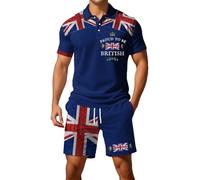 Generisch 2026 Camisa de manga corta con botones de la bandera británica europea, pantalones cortos para hombre, casual, holgado, cómodo, calle, negocios, dos piezas, cilindro occidental, azul, XXL