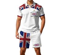 Generisch 2026 Camisa de manga corta con botones de la bandera británica europea, pantalones cortos para hombre, casual, holgado, cómodo, calle, negocios, dos piezas, cilindro occidental, Blanco, XL