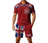 Generisch 2026 Camisa de manga corta con botones de la bandera británica europea, pantalones cortos para hombre, casual, holgado, cómodo, calle, negocios, dos piezas, cilindro occidental, rojo, L