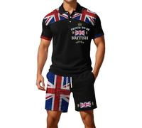 Generisch 2026 Camisa de manga corta con botones de la bandera británica europea, pantalones cortos para hombre, casual, holgado, cómodo, calle, negocios, dos piezas, cilindro occidental, Negro , XXL
