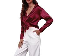 Generisch 2026 camisa de satén mujer satén imitación seda camisa de manga larga ropa europea frontera extranjera, rojo, XL