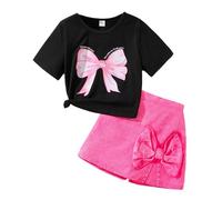 Generisch 2026 Camiseta Culotte con Estampado de Lazo de Manga Corta Conjunto de Dos Piezas, Negro , 8 años