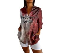 Generisch 2026 Camiseta de fiesta de Halloween para mujer con estampado de manchas de sangre, textura plisada clásica, cuello con botones, para tiempo libre, Vino, S
