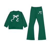 Generisch 2026 - Camiseta de manga larga para niña con cuello redondo, estampado de lazo y pantalón acampanado: un atuendo informal y cómodo para todos los días, Verde oscuro., 3-4 años