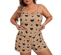 Generisch 2026 - Camiseta de Verano Pantalones Cortos Talla Grande Pijama Mujer Talla Grande Ropa de Hogar Conjunto Casual Camiseta Silenciosa Mujer Manga Larga, caqui, 4XL