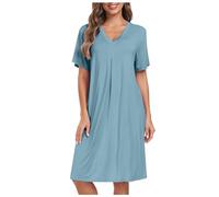 Generisch 2026 - Camisón de Pijama Mujer Manga Corta/Larga, Ropa de Dormir Abotonada, Top, Camisón Boyfriend, Camisón con Botones, azul claro, XL
