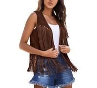 Generisch 2026 Chaleco de mujer con flecos frontal abierto, sin mangas, estilo hippie de los años 70, chaqueta boho occidental de piel sintética para looks casuales, caqui, XL