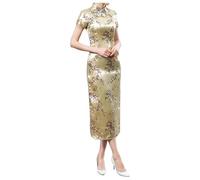 Generisch 2026 Chino Cheongsam Vestido Bordado Manga Corta Largo Largo Señoras Tradicional Qipao, dorado, S