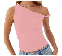 Generisch 2026 Colección Mujer Color Sólido Hombro Collar Bisel Pliegue Asimétrico Adelgazamiento Top Tirantes del tanque, Rosa., L