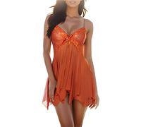 Generisch 2026 Conjunto Pijama Mujer Sujetador Ropa Interior Bragas Ropa Interior Conjuntos Sexy Ropa Interior Encaje Mangas Pestañas Mono Pantalones de Moda (Naranja S)