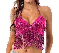 Generisch 2026 damas danza del vientre lentejuelas sujetador borla halter top con cuentas brillantes para bailes orientales, Rosa intenso., Talla única