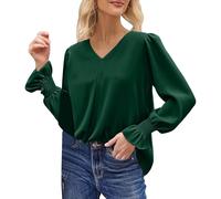 Generisch 2026 Elegante blusa fluida con cuello en V manga larga para mujer parte superior de gasa aireada en versátil portátil en oficina o vacaciones, Verde oscuro., M