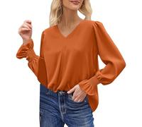 Generisch 2026 Elegante blusa fluida con cuello en V manga larga para mujer parte superior de gasa aireada en versátil portátil en oficina o vacaciones, naranja, XL