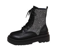 Generisch 2026 - Elegantes botines de encaje redondo con diseño de cordones de patchwork de lentejuelas, suela gruesa para trajes de moda, Negro , 39 EU