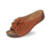 Generisch 2026 Elegantes zapatillas de mujer con punta abierta tacón de cuña, parte superior de cuero floral son zapatos cómodos con temperamento, marrón, 39 EU