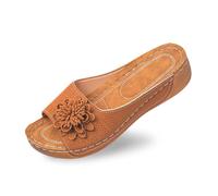 Generisch 2026 Elegantes zapatillas de mujer con punta abierta y tacón de cuña, top de cuero y estampado floral son zapatos cómodos con temperamento, marrón, 38 EU