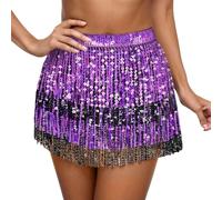 Generisch 2026 Glamorosa falda de danza del vientre punk con lentejuelas, borlas, cinturón de cintura - Una falda corta y bohemia con flecos para actuaciones en escenario fitness de baile., morado