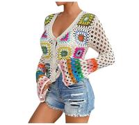 Generisch 2026 hecho a mano boho ganchillo arco iris manga larga cárdigan único punto top con patrón étnico calado, Blanco, M