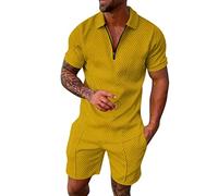 Generisch 2026 Hombres Casual Striped Print Dos Piezas Cuello Cremallera Manga Corta Top Blusa Traje Cordón Bolsa Corto Conjunto, amarillo, L