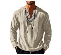 Generisch 2026 Hombres Suéter Suelto Retro Estilo Étnico Casual Manga Larga Camisa Lino Cuello Alto, beige, XXL