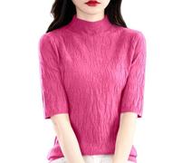 Generisch 2026 Jersey de punto de mujer de invierno con cuello medio alto Slim Fit textura acanalada versátil blusa casual para uso diario, oficina, campus al aire libre, Rosa intenso., XL