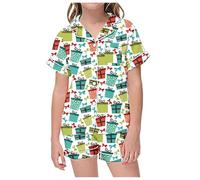 Generisch 2026 Kinder-Schlafanzug-Set mit legerem Print Button-Down-Kragen, kurzärmligem Oberteil Shorts (White, 10-11 Years)