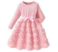 Generisch 2026 manga larga cuello redondo rosa volantes princesa una línea vestido con cinturón, Rosa., 6-7 años