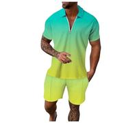 Generisch 2026 Masculino Casual A Rayas Gradiente Rampa Impresión Dos Piezas Cremallera Manga Corta Top Blusa Bolsa Con Cordón Conjunto Corto, verde, XL