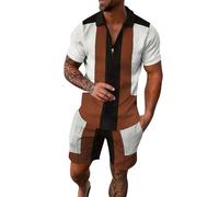 Generisch 2026 Masculino Casual Rayas Gradiente Rampa Impresión Dos Piezas Cremallera Manga Corta Top Cordón Bolsa Conjunto Corto, Blanco, 3XL