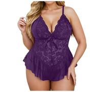 Generisch 2026 Mono de encaje de talla grande, ropa interior, pijama profundo en V, morado, 5XL