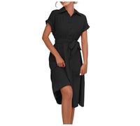 Generisch 2026 Mujer Camisa Hasta La Rodilla Vestido Manga Corta Elegante Cuello En V MIDI Vestido Casual Vestido Camisero, Negro , L