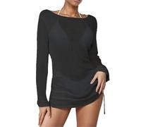 Generisch 2026 Mujer Crochet Cover Up Manga Larga Vestido de Playa Albornoz Túnica con Cordón para Natación Vacaciones, Negro , L