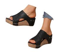 Generisch 2026 Mujer Moda Verano Cuero Plataforma Cuña Zapatillas Temperamento Antideslizante Playa Zapatillas, Negro , 37 EU