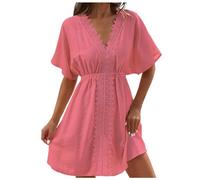 Generisch 2026 Mujer Seda Hielo Tela y Encaje Patchwork Falda de Playa Bikini Traje de Baño Sobre Top, Rosa., L