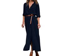 Generisch 2026 Mujeres Casual Ropa Sólida Botón Manga Larga Solapa Elegante Casual Largo Cinturón Vestido, marine, XXL