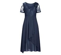 Generisch 2026 Mujeres Gasa V-cuello Empalme Encaje Hueco Mujer Vestido Largo Dama de honor Vestidos de Noche Vestido de Registro Civil Mujer Azul, azul, XXL