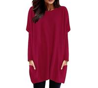 Generisch 2026 Mujeres Invierno Cómodo Cuello Redondo Manga Larga Camiseta Top Bolsillo Manga Puff Estampado Top Top, Vino, S