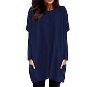 Generisch 2026 Mujeres Invierno Cómodo Cuello Redondo Manga Larga Camiseta Top Bolsillo Manga Puff Estampado Top Top, marine, L