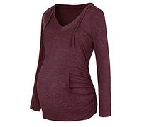 Generisch 2026 Mujeres Ropa de Maternidad Manga Larga Cuello en V Cordón Sudadera con Capucha Sudaderas Finas Blusa Top con Bolsillo, Vino, M