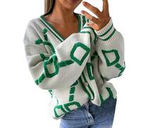 Generisch 2026 Mujeres V-cuello manga larga de un solo pecho suéter abrigo suelto casual punto superior, Blanco, Tallaúnica